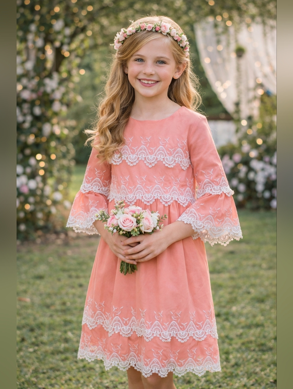 Chasing Fireflies Girls Pink Lace Dress Size 8 Easter Wedding Bell Sleeve